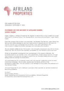 Afriland Properties Confirms Fire Incident at Headquarters in Lagos