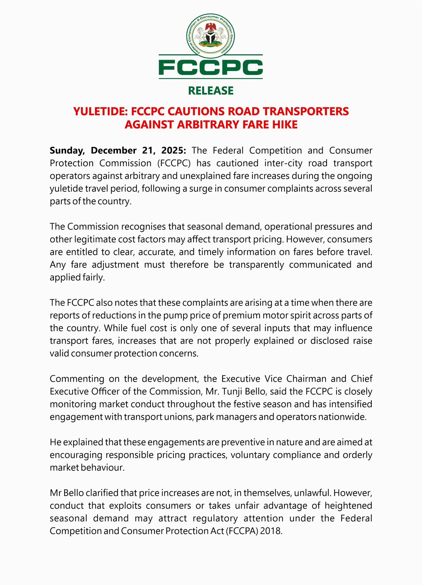 FCCPC Warns Transporters Against Fare Hikes