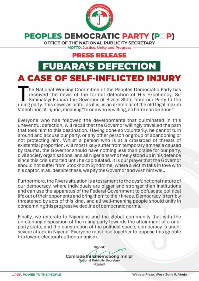 Fubara’s Defection a Case of Self-Inflicted Injury - PDP