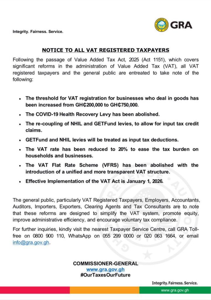 Ghana Raises VAT Threshold, Cuts VAT Rate