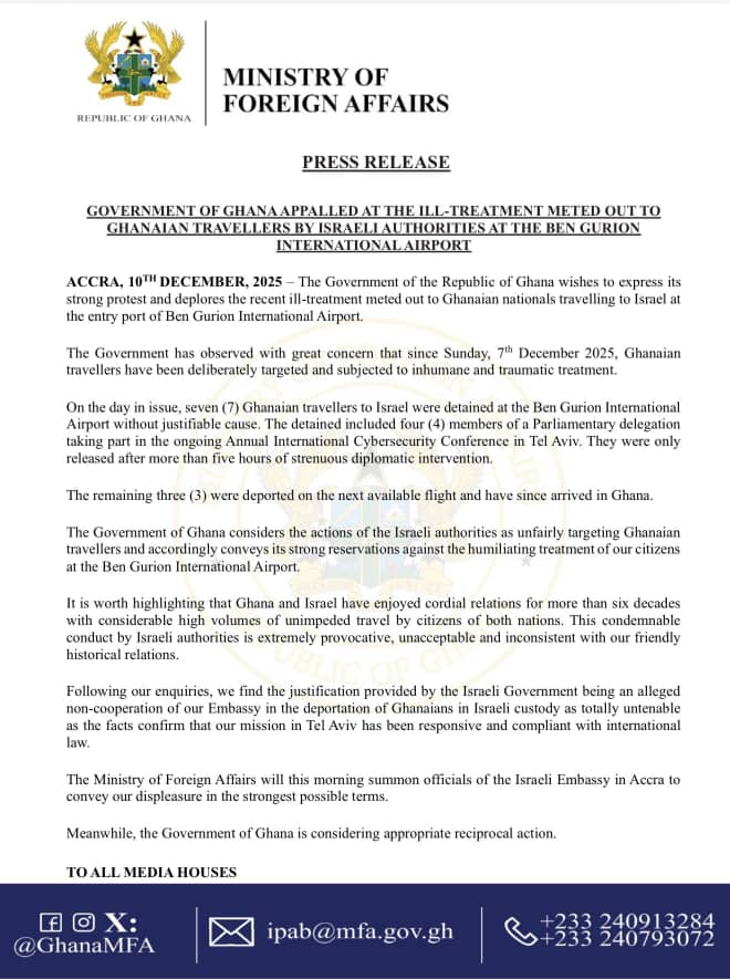 Ghana Threatens ‘Reciprocal Action’ Against Israel