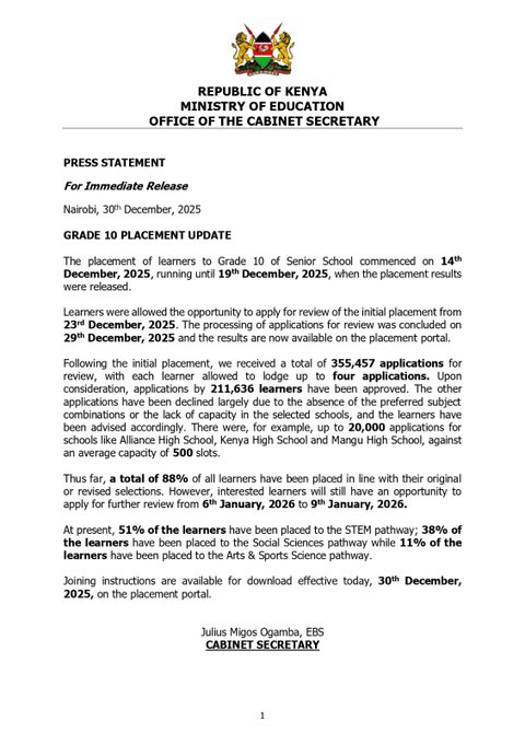 Kenya Announces New Grade 10 Review Window 