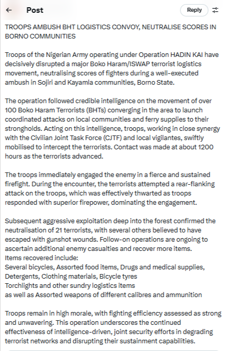 Nigerian Troops Kill 17 Terrorists in Borno