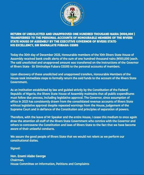 Rivers Lawmakers Reject Fubara’s Christmas Bonus