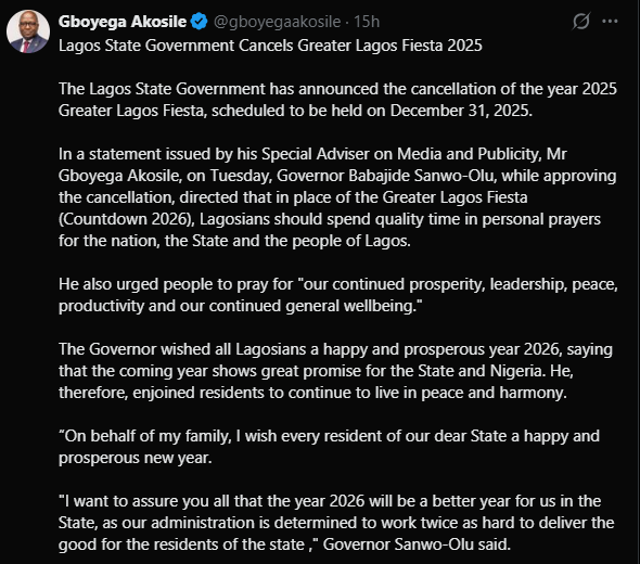 Lagos Cancels State Fiesta, Asks Residents to Pray