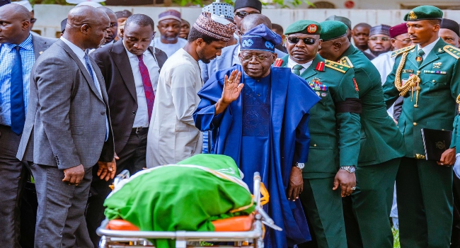 President Bola Tinubu bidding farewell to former President Muhammadu Buhari at the former leader’s funeral in Daura, Katsina State, on Tuesday, July 15, 2025.