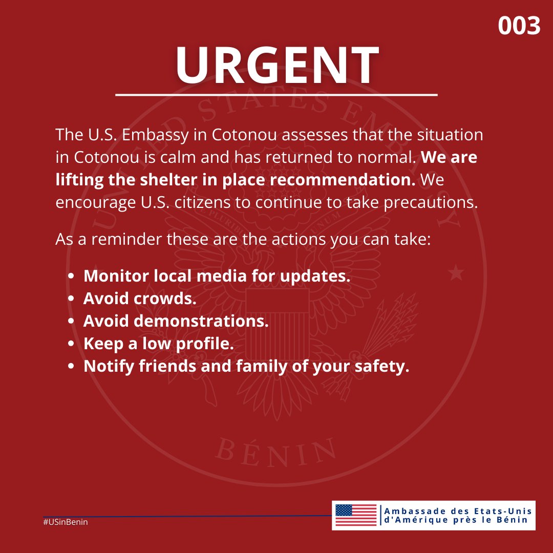 US Lifts Shelter Order After Benin Foiled Coup