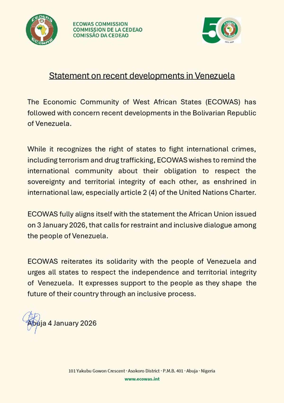 ECOWAS Urges Respect for Venezuela’s Independence