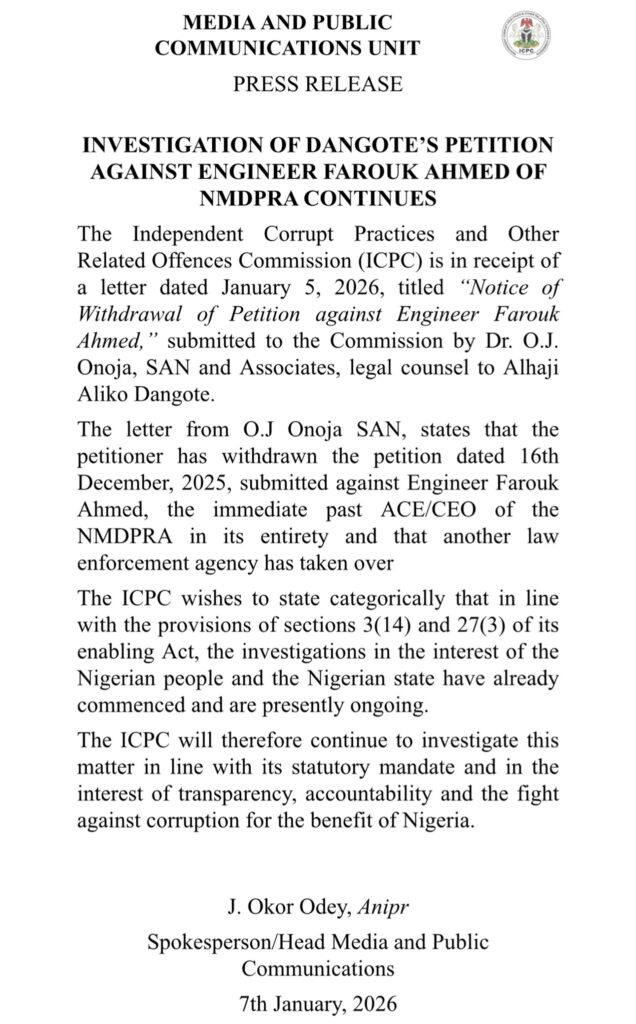Farouk Ahmed Still Under Investigation - ICPC