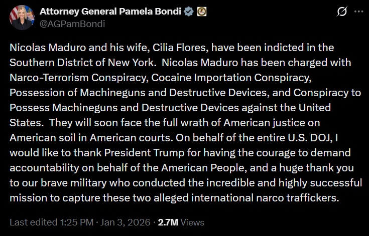 US Announces Drug, Terror Charges Against Maduro