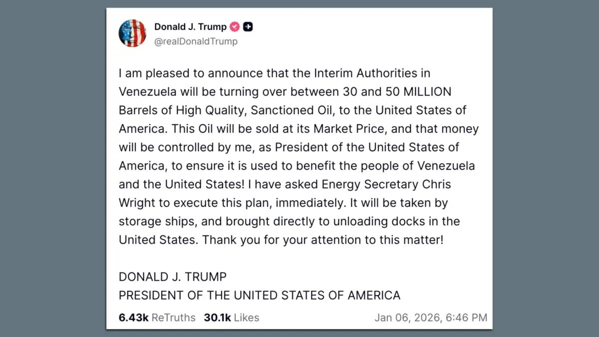 US to Get 30 to 50 Million Barrels of Oil from Venezuela