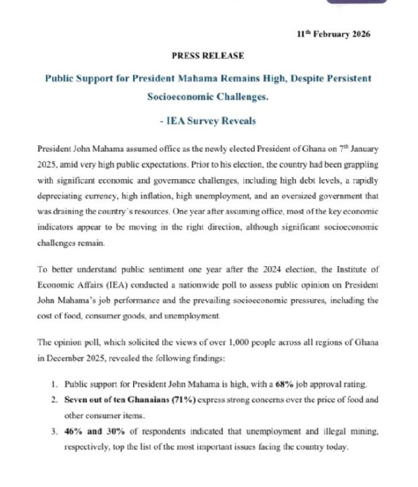 68% of Ghanaians Approve of Mahama’s Performance- IEA