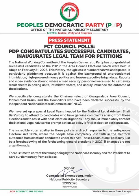 PDP Sets Up Legal Team to Challenge FCT Election Results