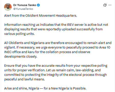 FCT Polls: Obidient Movement Flags Alleged IREV Glitch