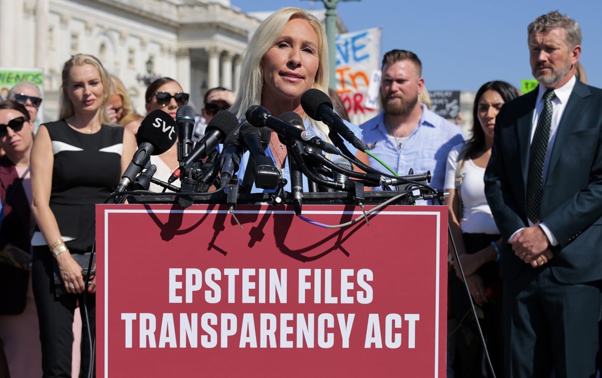  U.S. Rep. Marjorie Taylor Greene, R-Ga., speaks during a news conference with 10 of the alleged victims of disgraced financier and sex trafficker Jeffrey Epstein outside the U.S. Capitol on Sept. 03, 2025 in Washington, D.C. 