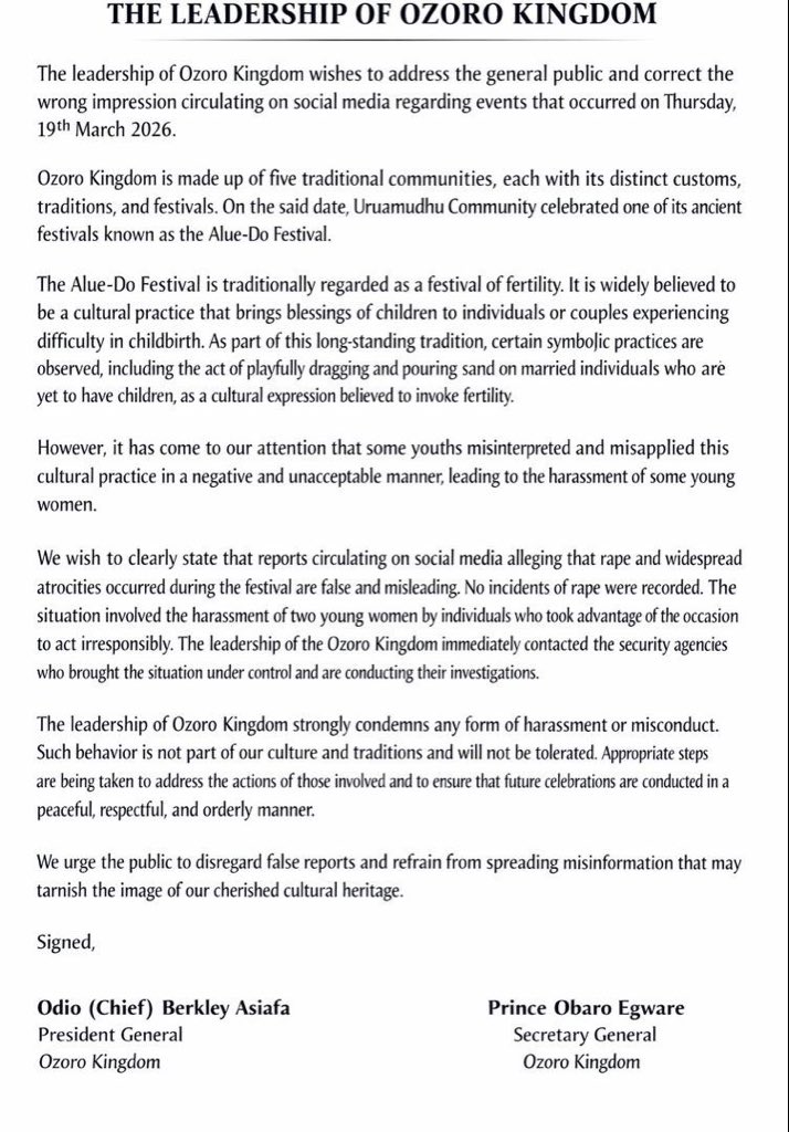 Ozoro Festival: Delta Community Denies Rape Claims