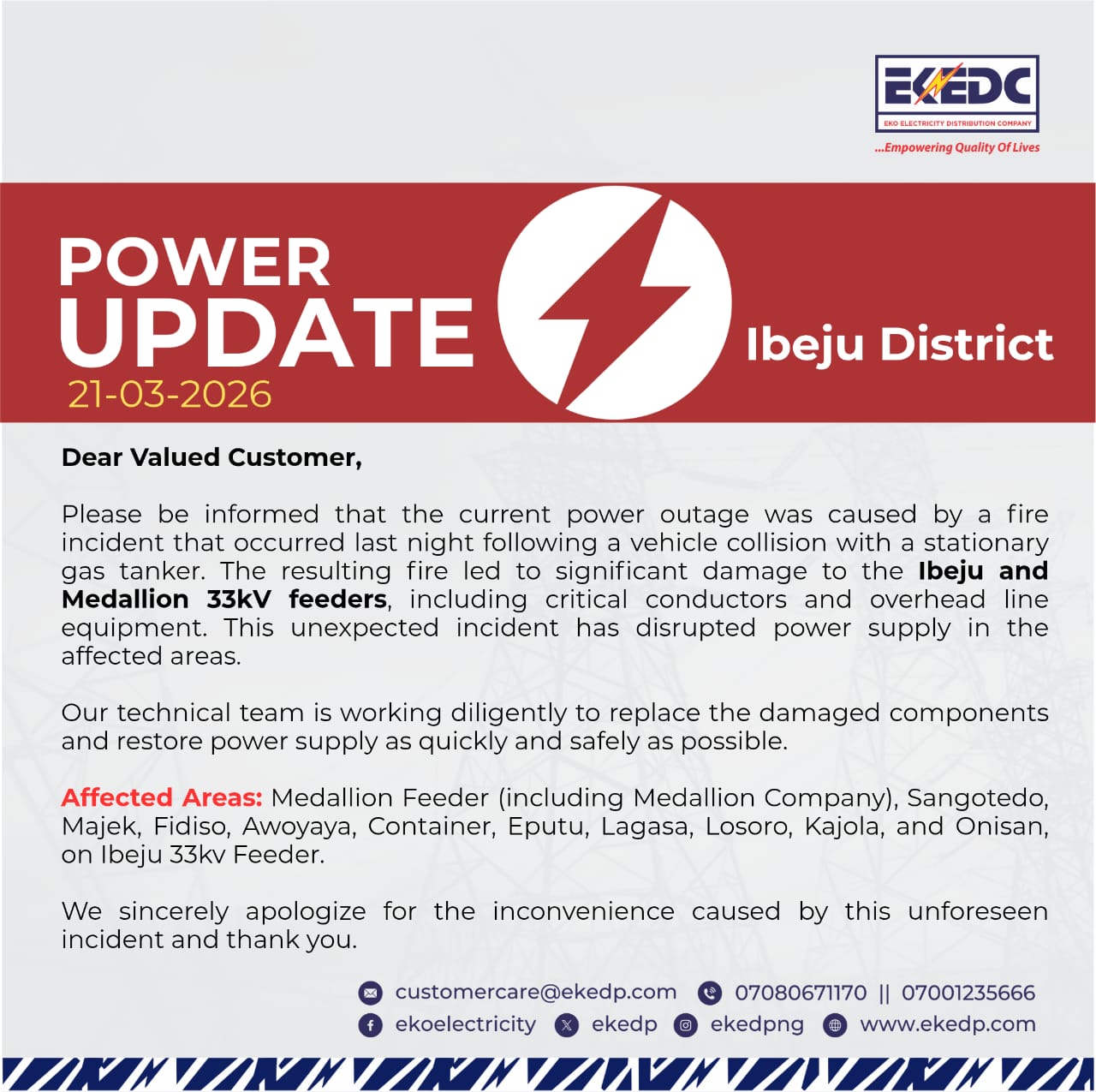 EKEDC Announces Power Outage After Lagos Fire