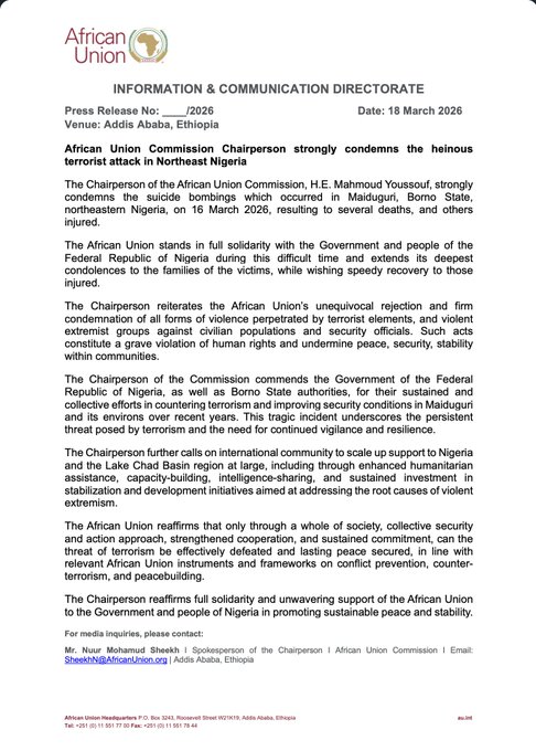 AU Condemns Maiduguri Bombings