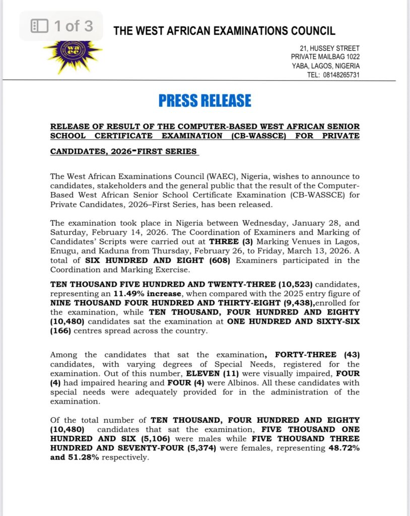 WAEC Releases 2026 Computer-Based WASSCE Results