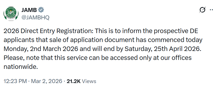 JAMB Opens 2026 Direct Entry Applications