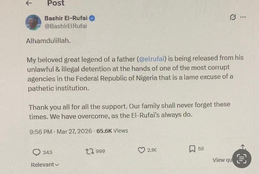 El-Rufai Released From ICPC Custody (News Central TV).