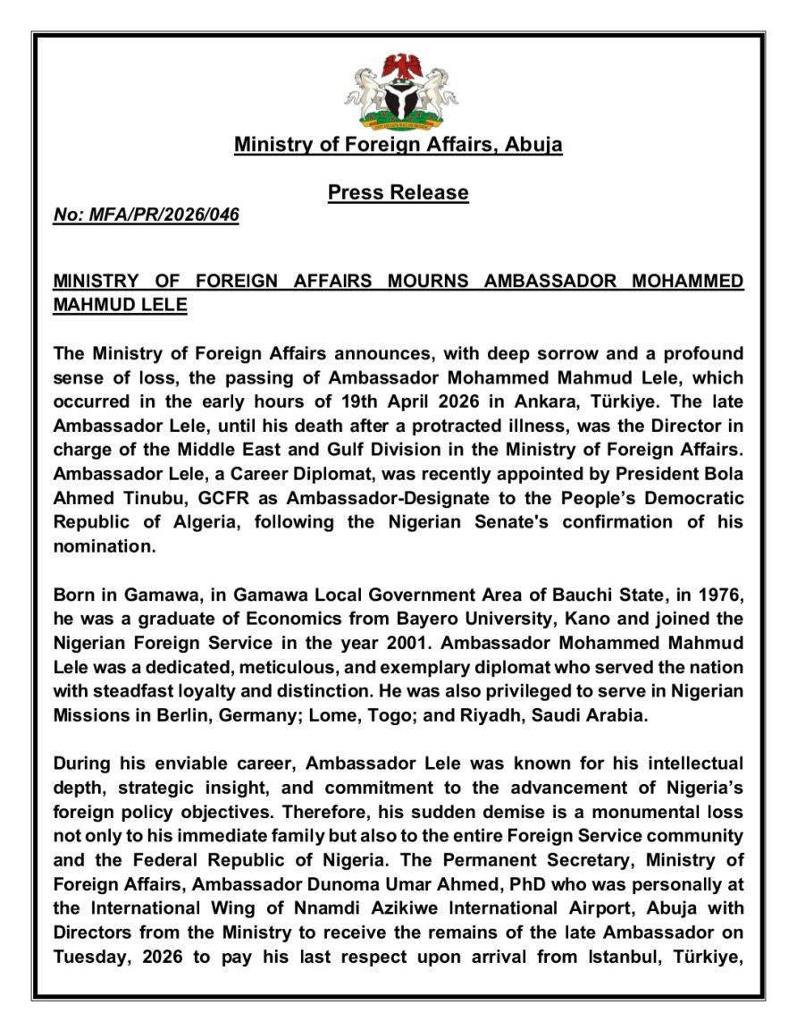 Nigeria’s Ambassador-Designate to Algeria, Lele, Dies at 50