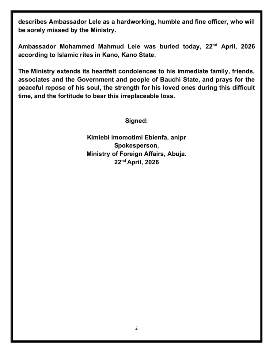 Nigeria’s Ambassador-Designate to Algeria, Lele, Dies at 50