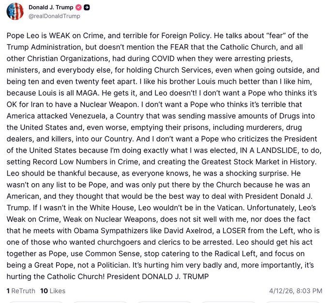 Trump Says He Is “Not a Big Fan” of Pope Leo XIV