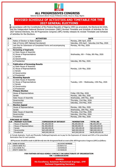APC Releases Revised 2027 Election Timetable