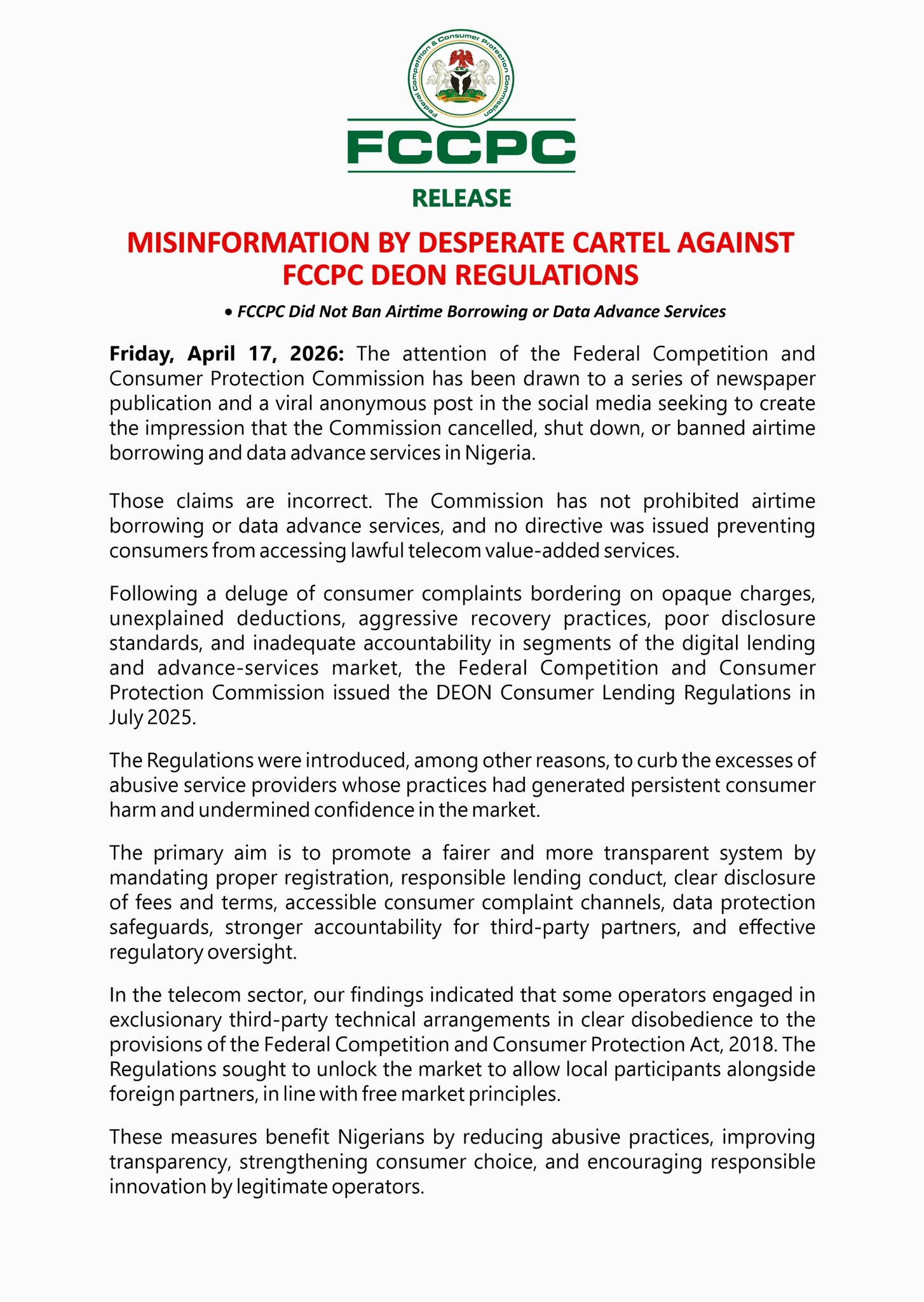 No Restriction On Airtime, Data Borrowing - FCCPC (News Central TV)