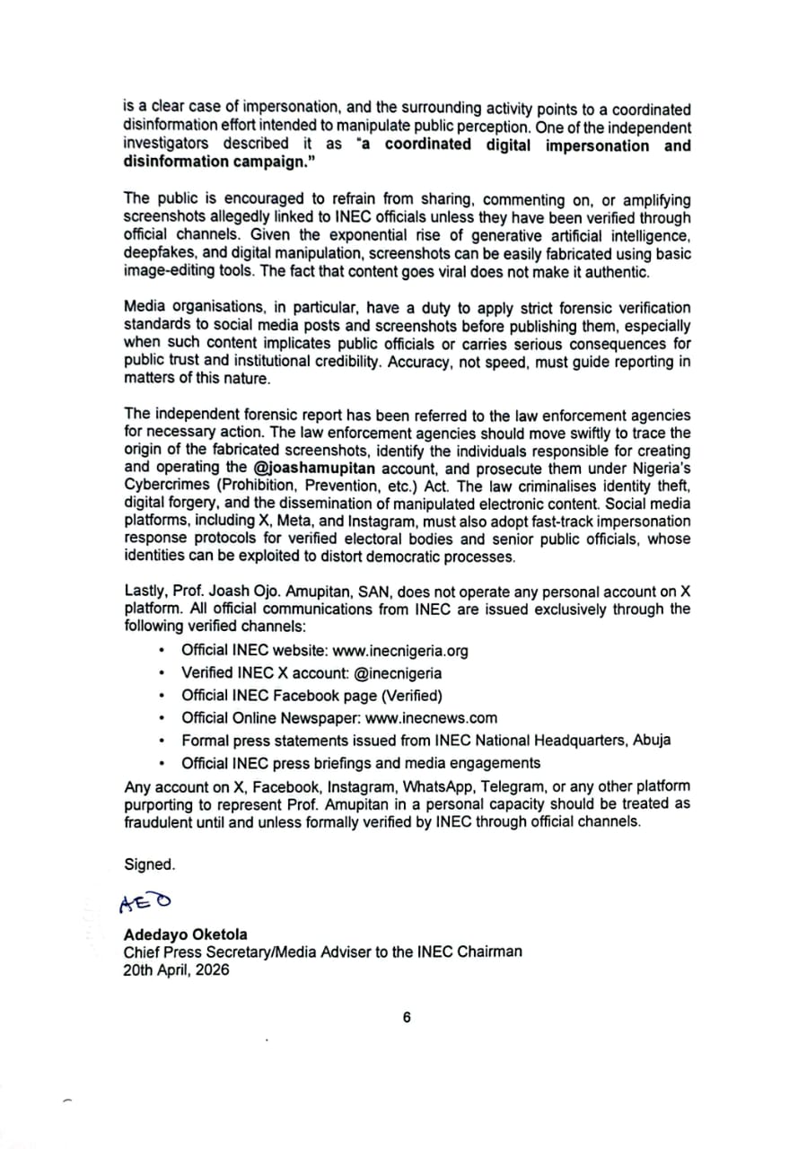 Forensic Probe Clears Amupitan of Fake Partisan Posts – INEC