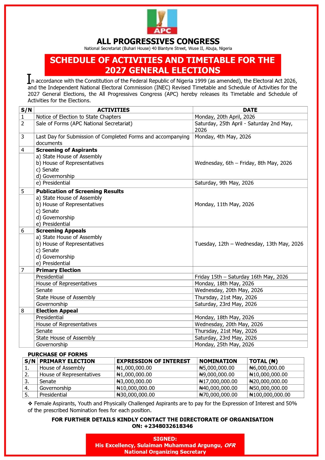APC Releases 2027 Election Timetable