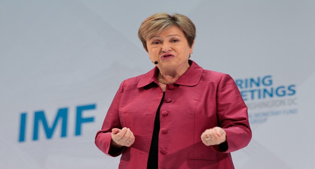 International Monetary Fund (IMF) managing director Kristalina Georgieva delivers a curtain-raiser speech for the 2026 Spring Meetings at IMF headquarters in Washington, DC, on April 9, 2026. (Photo by Kent Nishimura / AFP)