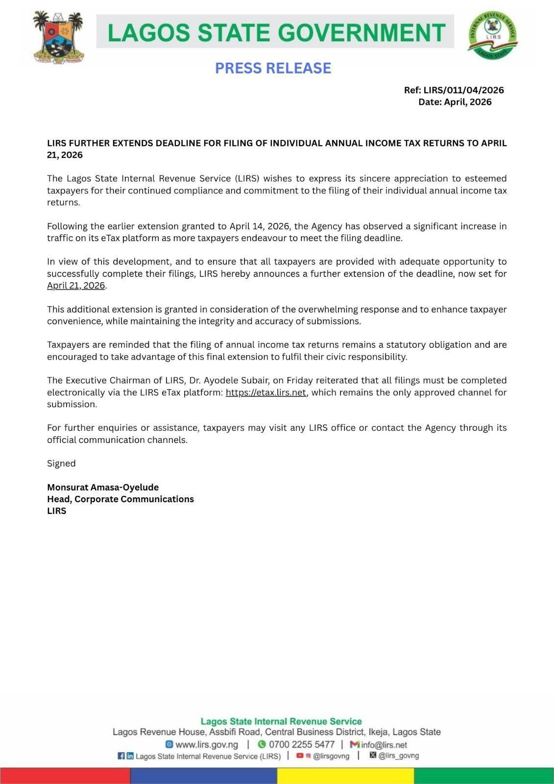 LIRS Extends Tax Filing Deadline To April 21 (News Central TV)