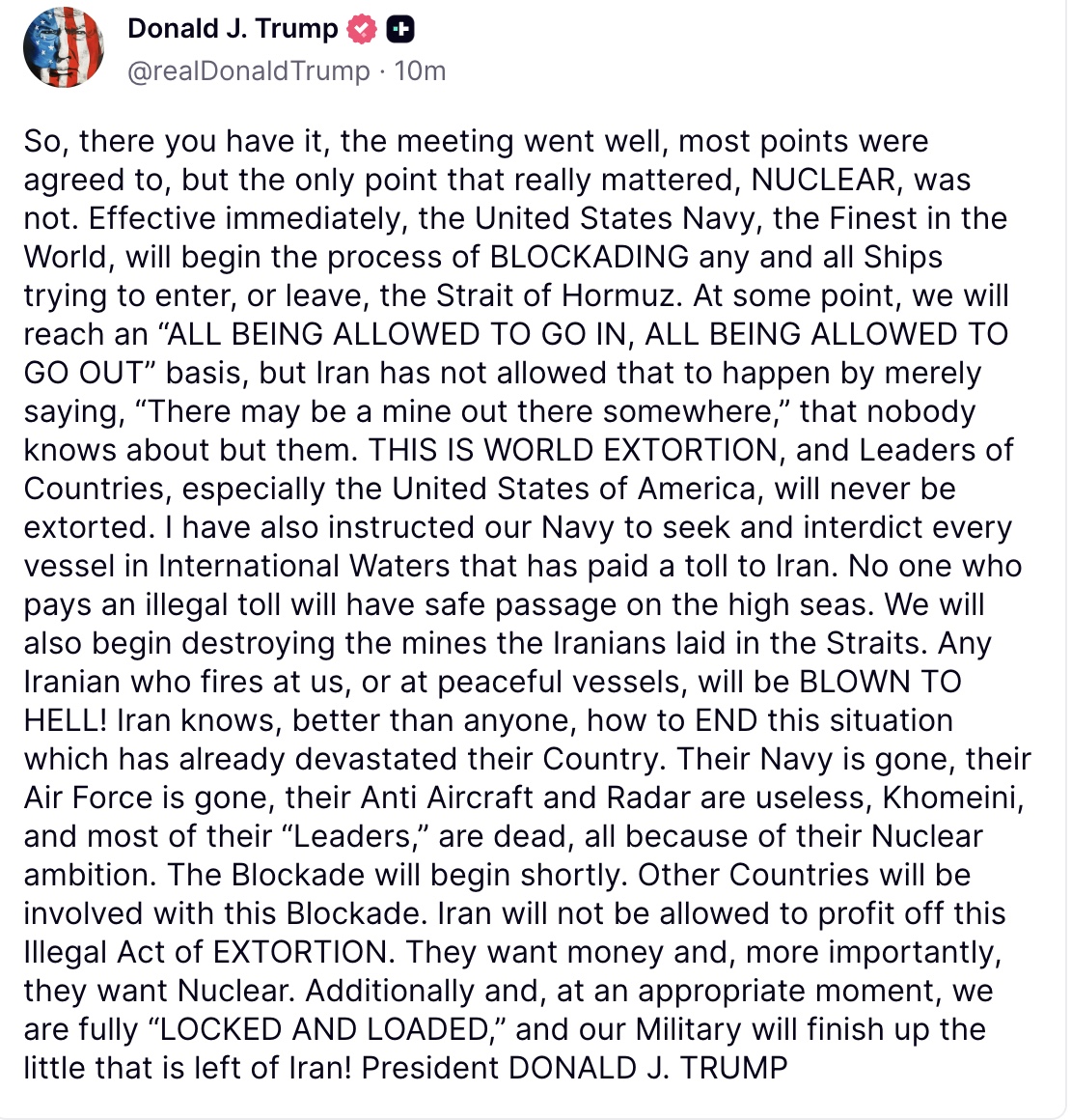 US Blockade of Iranian Ports Starts Monday