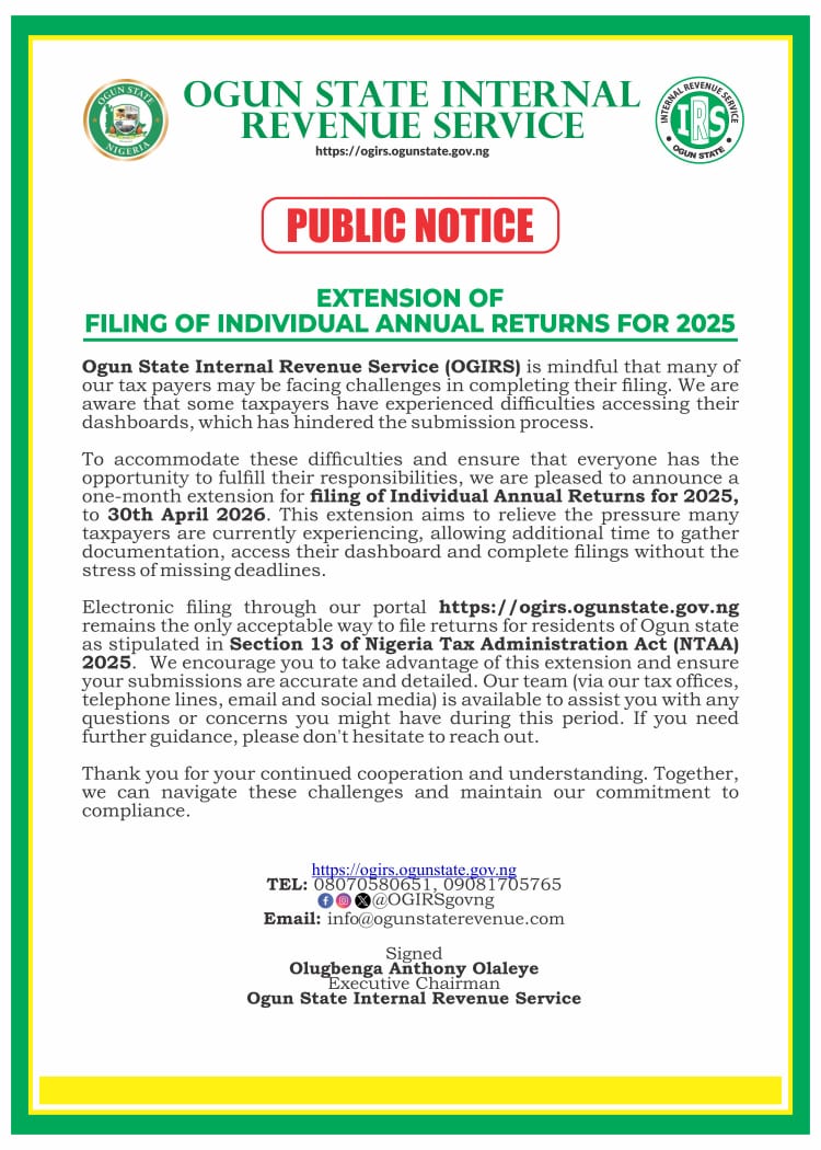 Ogun Extends Deadline for Annual Tax Return Filings (News Central TV)