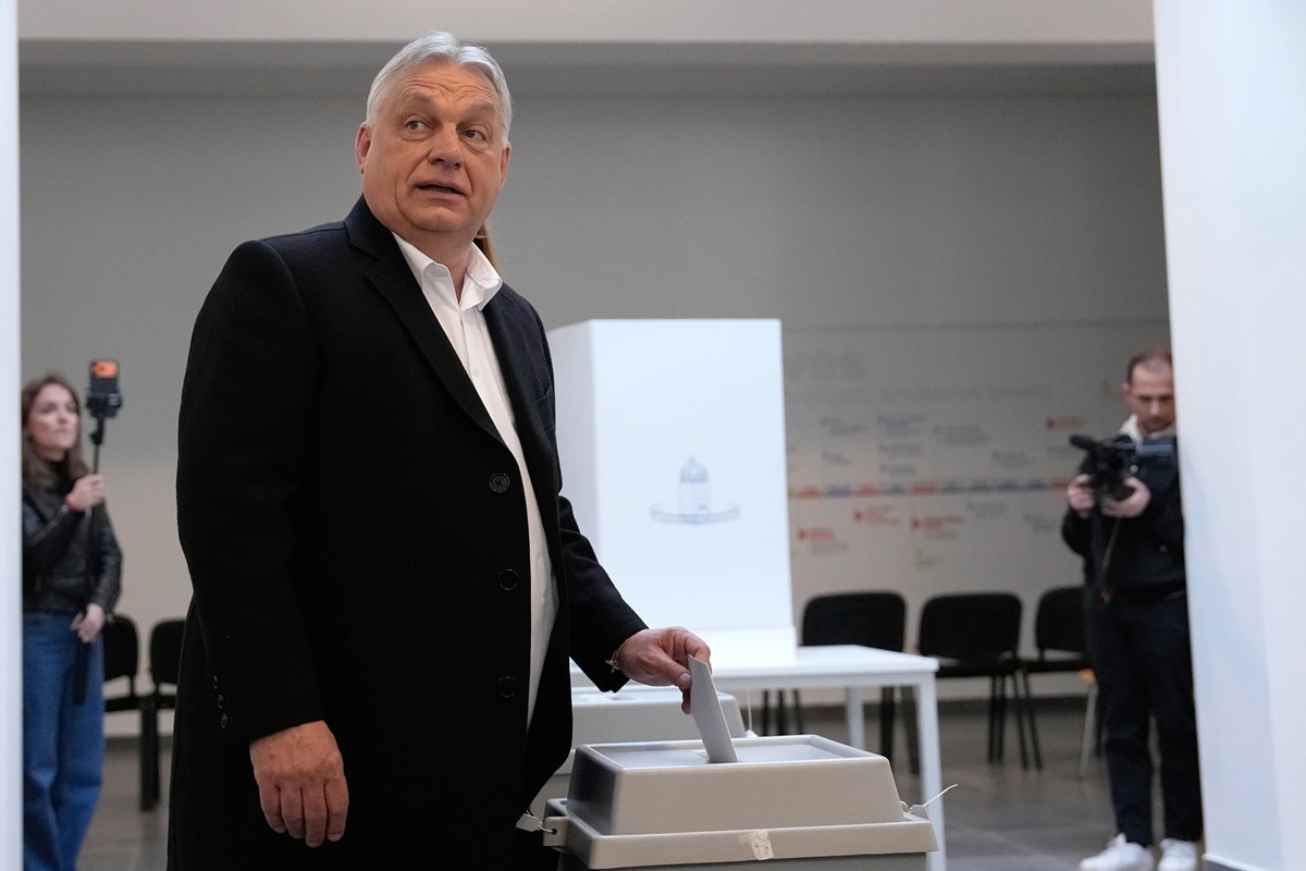 Hungary's Prime Minister Viktor Orban casts his vote in Budapest, Hungary, Sunday, April 12, 2026.