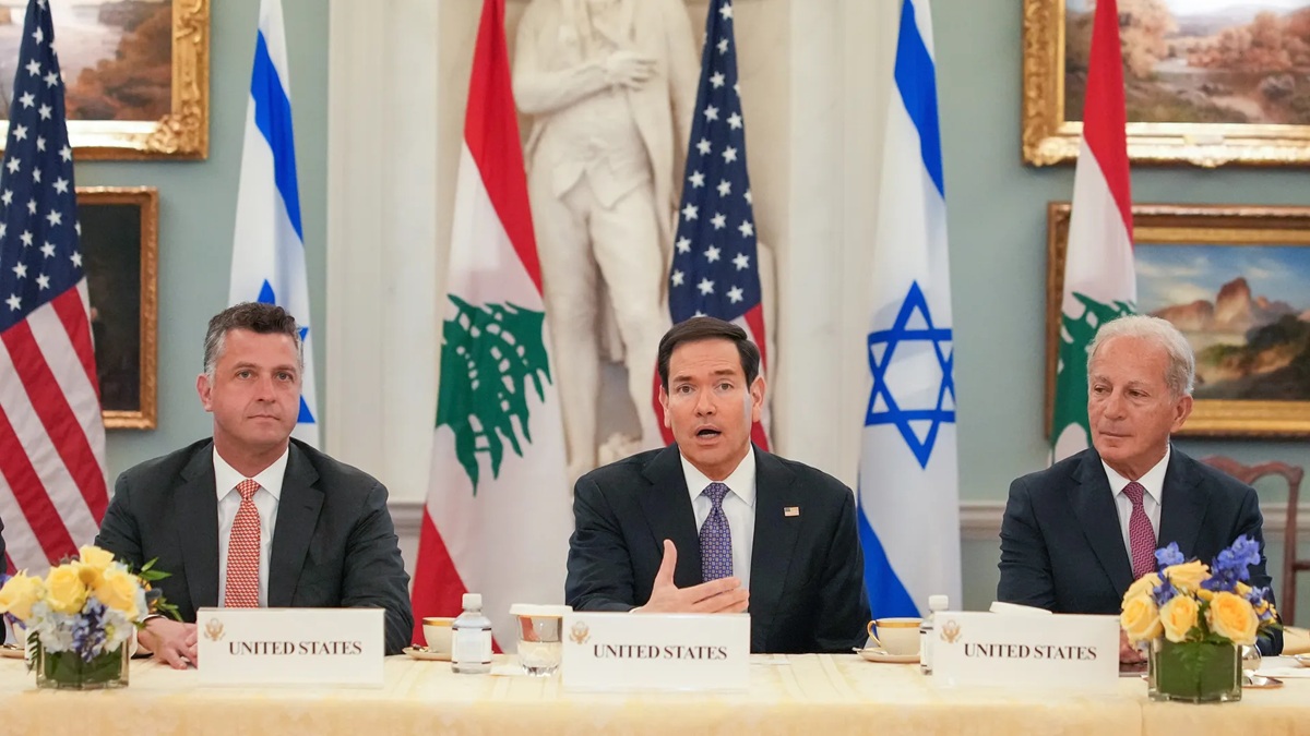 Rubio at a meeting with Israel and Lebanon, flanked by Counselor Michael Needham (L) and U.S. Ambassador to Lebanon Michel Issa (R). Credit: Axios