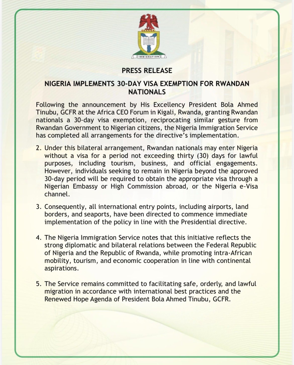 Nigeria Grants Rwandan Nationals 30-Day Visa-Free Entry