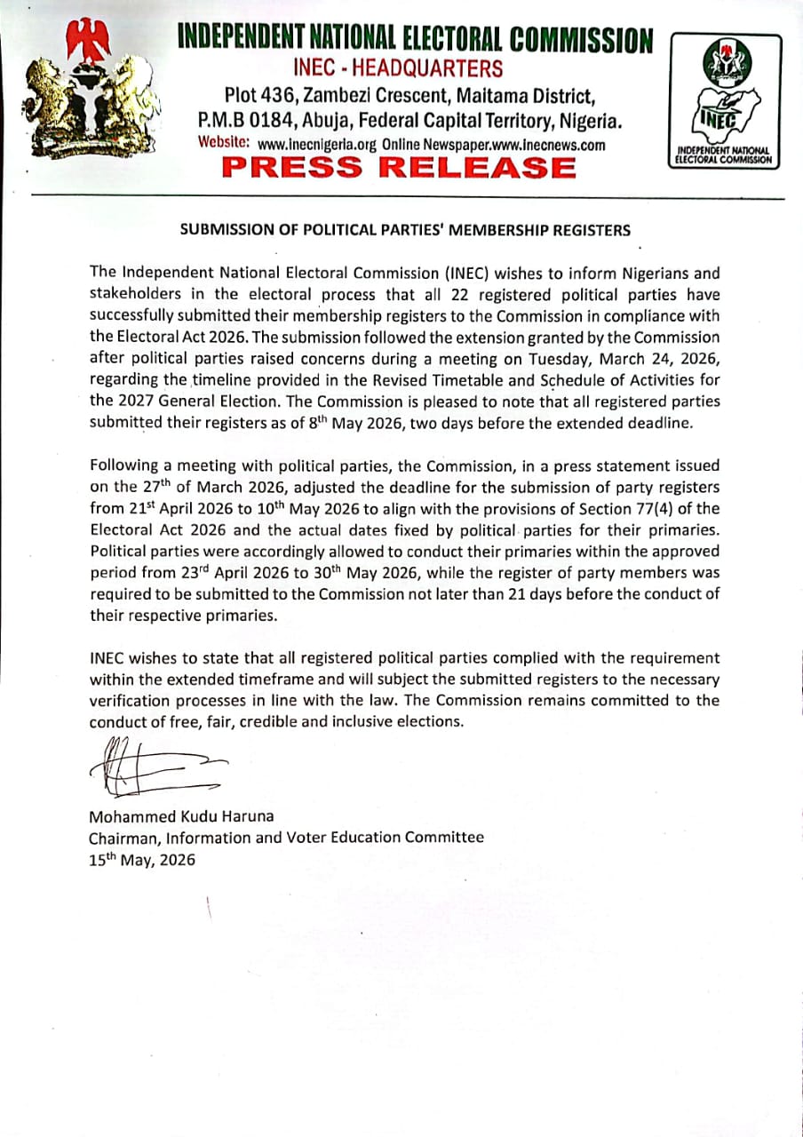 INEC Receives Membership Registers From 22 Parties (News Central TV)
