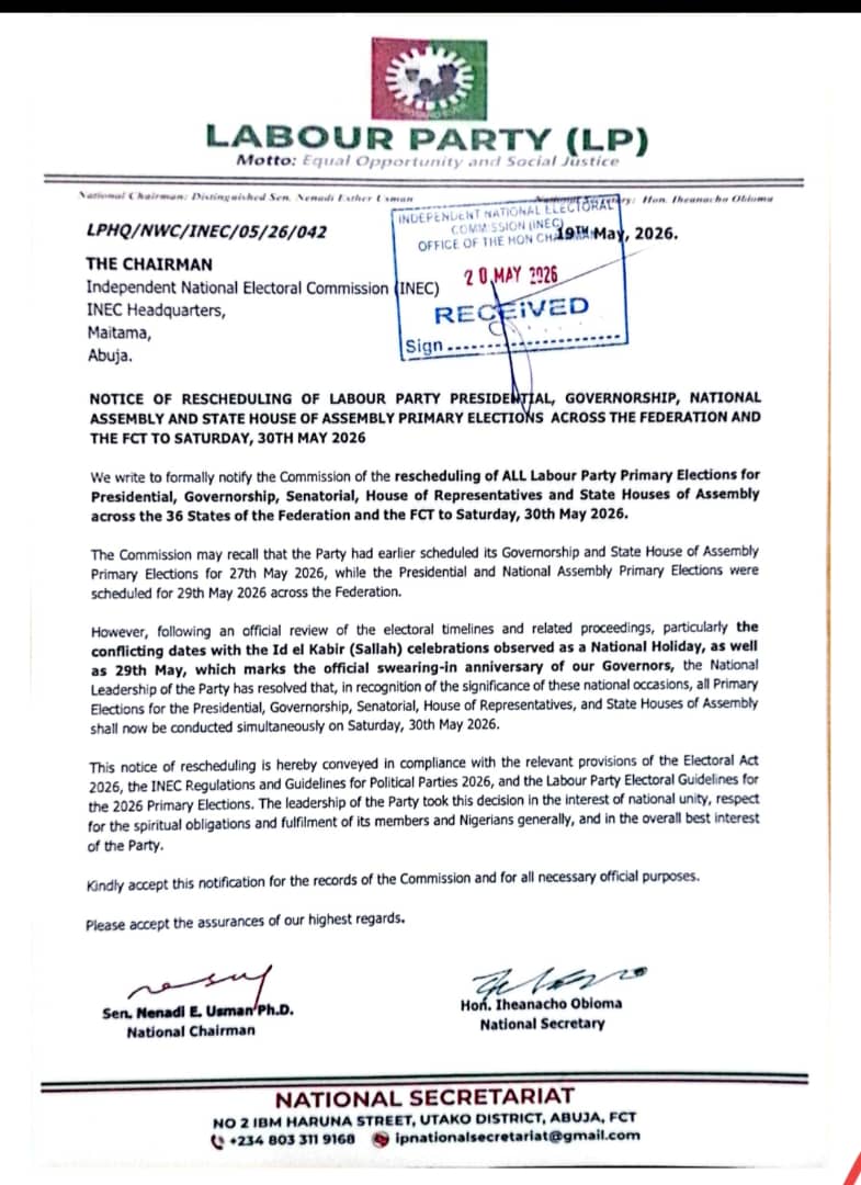 Labour Party Reschedules Primaries to May 30