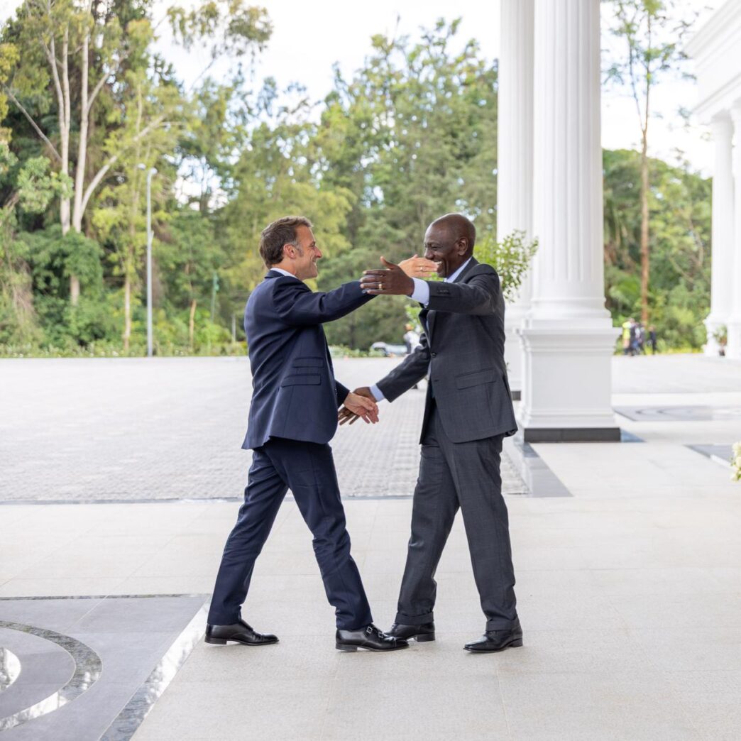 President Emmanuel Macron, in a cordial bilateral meeting with President William Ruto at State House, Nairobi, ahead of the Africa Forward Summit. Credit: State Department for Foreign Affairs, Kenya.