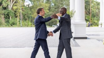 President Emmanuel Macron, in a cordial bilateral meeting with President William Ruto at State House, Nairobi, ahead of the Africa Forward Summit. Credit: State Department for Foreign Affairs, Kenya.