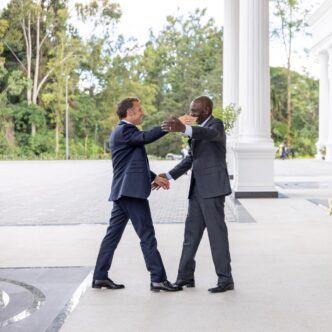 President Emmanuel Macron, in a cordial bilateral meeting with President William Ruto at State House, Nairobi, ahead of the Africa Forward Summit. Credit: State Department for Foreign Affairs, Kenya.