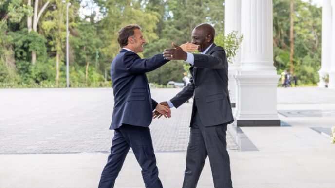President Emmanuel Macron, in a cordial bilateral meeting with President William Ruto at State House, Nairobi, ahead of the Africa Forward Summit. Credit: State Department for Foreign Affairs, Kenya.