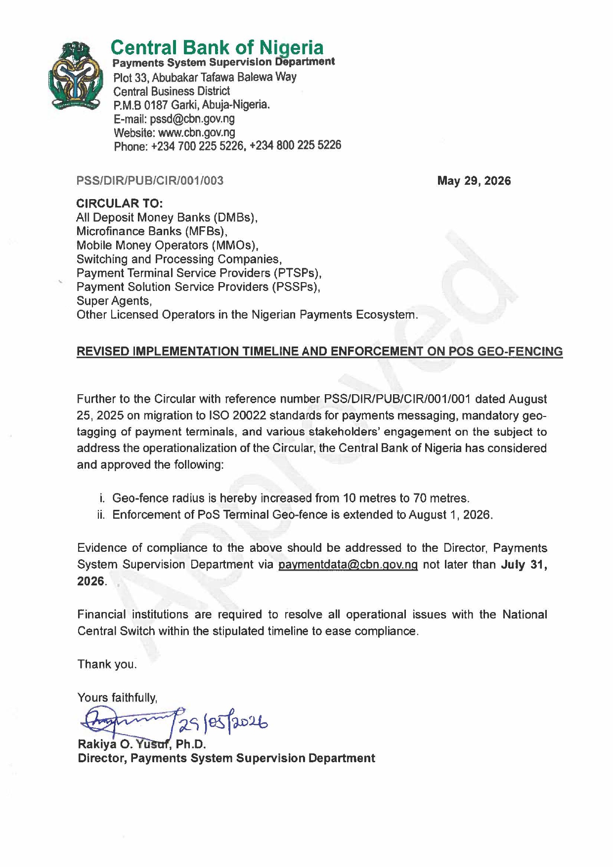 CBN Extends PoS Geo-Fencing Deadline to August 1
