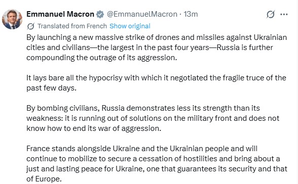 Macron Condemns Russian Air Raid on Ukraine (News Central TV)