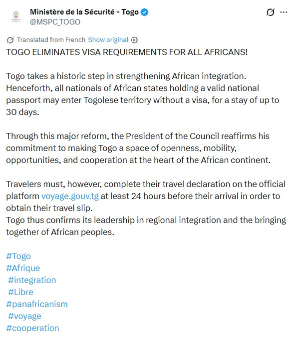 Togo Grants 30-day Visa-Free Entry to Africans (News Central TV)