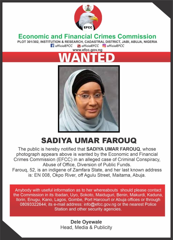 EFCC Lists Ex-Minister Sadiya Farouq as Wanted
