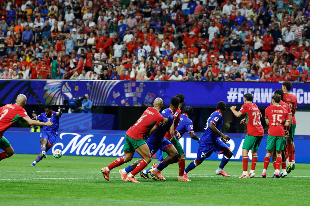 Morocco's Soufiane Rahimi (9) takes a free kick during the World Cup Group C soccer match between Morocco and Haiti in Atlanta, June 24, 2026. (PHOTO / AP)